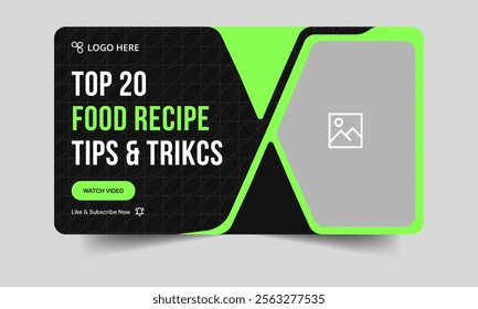 Trendy food recipe tips and tricks thumbnail banner design, restaurant food business idea techniques video cover banner design, fully customizable vector eps 10 file format