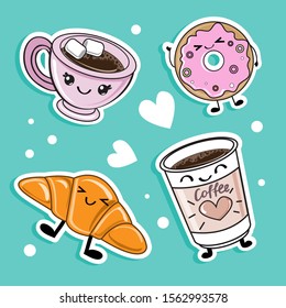 Trendy food stickers in kawaii style. Cup of coffee, donut and croissant on a blue background