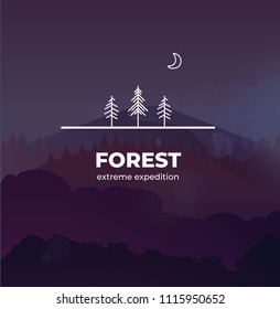 Trendy Forest logo badge in outline style. In the background vector landscape with forest and mountains, you can change the size without losing quality.