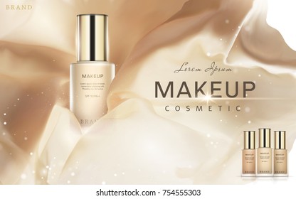Trendy foundation ads, complexion silk fabric elements with foundation containers in 3d illustration, glitter spots Trendy foundation ads, complexion silk fabric elements with foundation containers in 3d illustration, glitter spots