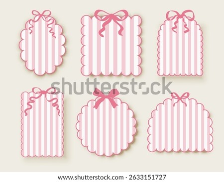 Trendy frames and cards with vertical pink lines in vintage style and bows. Vector design for banners, social media, invitations