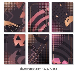 Trendy frames with geometric elements, Hipster and Modern Art, graphics with rose gold for cards, flyers design, invitations, brochures,... Handdrawn elements, vector illustration.