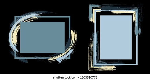 Trendy frames with paint brush strokes vector collection. Box borders with painted brushstrokes on black. Advertising graphics design empty frame templates for banners, flyers, posters, cards.