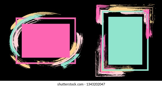 Trendy frames with paint brush strokes vector set. Box borders with painted brushstrokes on black. Educational graphics design empty frame templates for banners, flyers, posters, cards.