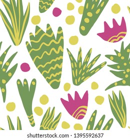 Trendy freehand abstract leaves seamless pattern. Hand draw floral wallpaper. Exotic jungle plants vector illustration. Concept trendy fabric textile design