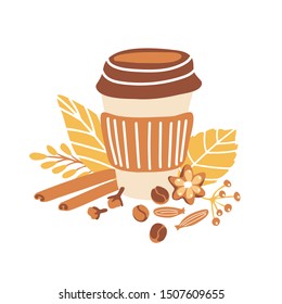 Trendy freehand vector illustration Autumn coffee. Cute doodle take away cup of hot beverage, spices, beautiful yellow and orange fall leaves. Seasonal card and poster design for cafe, menu, kitchen.