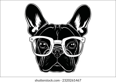 Trendy French Bulldog head with glasses, EPS format. Modern design for commercial projects and creative use.
