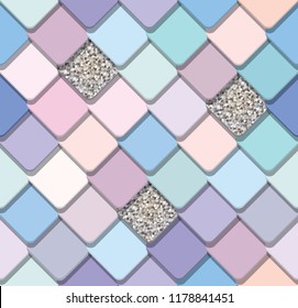 Trendy fresco mosaic seamless background in pastel pink and purple with glitter elements. Perfect for wrapping paper, mobile cover design.