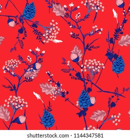 Trendy Fresh Autumn pattern with  berries,pine cone,nuts,flowers  and leaves Seamless vector . Fall colorful floral background.pattern for fashion,fabric and all prints on red background.