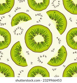 Trendy Fresh fruit seamless pattern. Whole kiwi fruit and kiwi slices with juicy pulp and seeds. Bright exotic background. Vector illustration for wallpapers,textile, web, print, case, wrapping paper