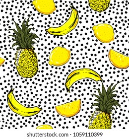 Trendy and fresh hand sketch summer fruits lemon,pineapple,banana,seamless pattern vector layer on painting  black polka dots for fashion fabric and all prints on white background