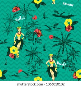 Trendy fresh summer Hawaiian girl island. seamless pattern on wave background. Tropical  vector in hand drawn with hibiscus Flowers and palm tree at the beach and ocean on green