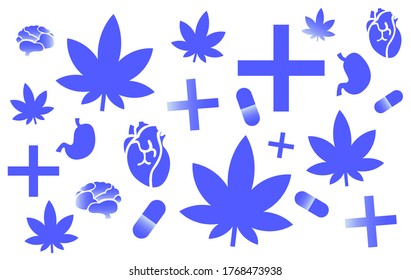 Trendy and friendly herb or cannabis background, for medical use blue color and medicine elements
