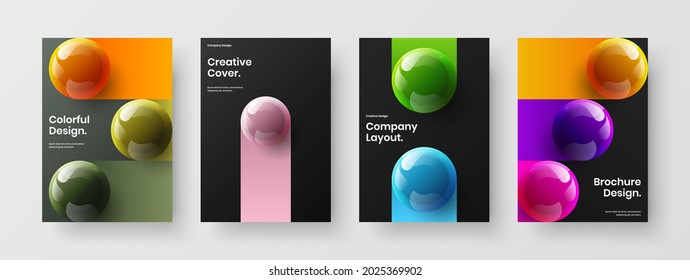 Trendy front page A4 vector design concept composition. Clean 3D balls book cover template bundle.