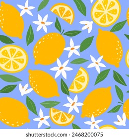 Trendy fruit citrus seamless pattern. Tropical bright summer background with hand drawn lemons, flowers and leaves. Modern design for paper, cover, fabric. Vector illustration.