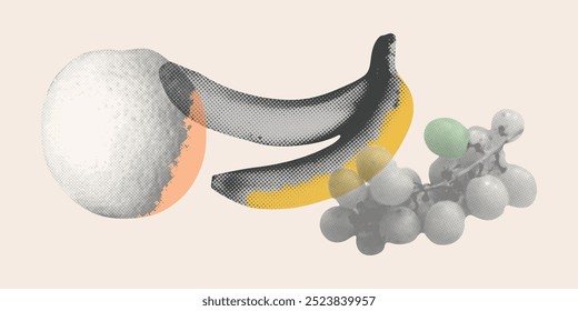 Colección de frutas de moda con efecto semitono. Plátanos, naranja, uvas de efecto fotocopia. Ilustración vectorial para collage retro.