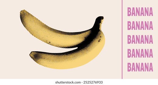 Frutas na moda com efeito de meio-tom. Banana de efeito fotocópia. Ilustração vetorial para colagem retro.