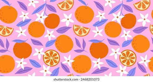 Patrón sin costuras de fruta de moda. Fondo de verano tropical brillante con naranjas dibujadas a mano, flores y hojas. Diseño moderno para papel, cubierta, tela. Ilustración vectorial.