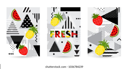 Trendy fruit (watermelon, pineapple) pattern covers set. Design floral backgrounds for booklet, cards, invitation, brochure and promotion. Vector illustration