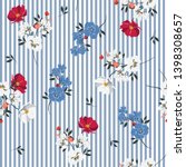 Trendy full of blooming flowers and leaves bright mood on light blue stripe seamless pattern Design for fashoin fabric ,wallpaper book , card and etc