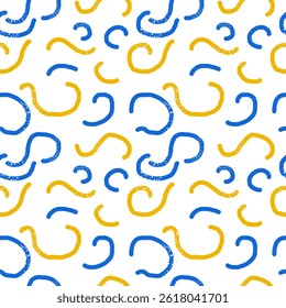 Trendy fun seamless pattern hand drawn in childish doodle style in stylish colors, swirls in blue and yellow with grainy texture on white background