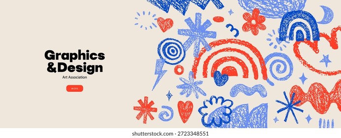Banner de formas de garatuja desenhado à mão de giz de cera funky. Grunge rabiscos de lápis colorido para design de colagens. Ilustração vetorial. Plano de fundo de padrão geométrico