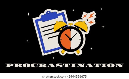 Trendy funny banner on the topic of work, deadline and procrastination. Retro vector illustration