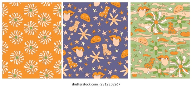 Trendy Funny Groovy Retro 70s Style Vector Seamless Patterns. Cool Groovy Disco Boots, Lips, Flower, Stars and Smiling Emoticon on a Blue, Orange and Green Background. Hippie Style Floral Pattern.