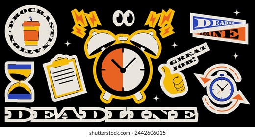 Trendy funny stickers on the topic of work, deadline and procrastination. Retro vector illustration on black dark background