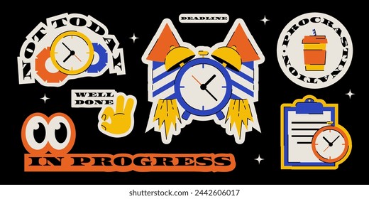 Trendy funny stickers on the topic of work, deadline and procrastination. Retro vector illustration on black dark background