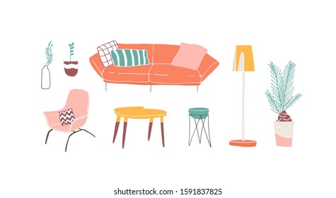 Trendy furniture hand drawn vector illustrations set. Vintage couch, armchair, coffee table and houseplants. Scandinavian home interior design elements pack. Stylish apartment furnishing composition.