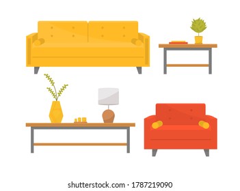 Trendy furniture for living room. Stylish sofa and armchair with pillows, coffee tables, vase, house plant, books, candles and lamp. Vector illustration in flat style. Home design elements.