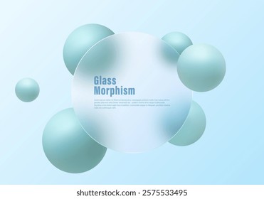 Trendy and futuristic glass morphism background, website landing page template. Frosted glass round partition and spheres.