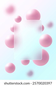 Trendy and futuristic glass morphism style background. Website landing page. Frosted glass partition with pink spheres