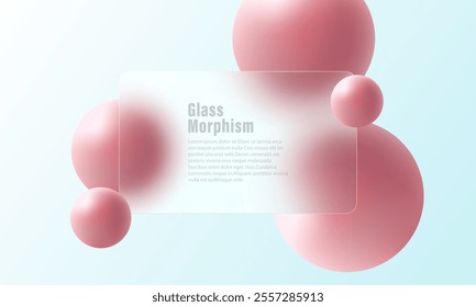 Trendy and futuristic glass morphism website landing page template. Frosted glass partition with floating pink spheres.