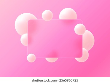 Trendy and futuristic glass morphism website landing page template. Frosted glass partition with floating pink spheres.