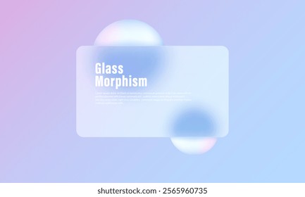 Trendy and futuristic glass morphism website landing page template. Frosted glass partition with floating spheres.