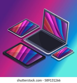 Trendy Gadgets isometrics, 3D technology, tablet, pad, laptops, phone, smartphone, using hi tech, touchpad, modern technology, against a bright background with bright screen.