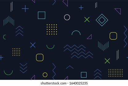 Trendy game geometric elements Memphis card. Seamless Memphis pattern for tissue and postcards. Hipster poster, juicy, bright color background. Vector background for app or games.