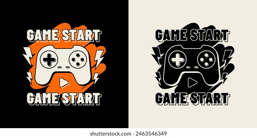  Trendy game start text. Game pad joystick illustration design suitable for prints.