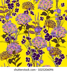 Trendy  garden Floral pattern in the many kind of flowers. Botanical random. Seamless vector texture. For fashion prints. Printing with in hand drawn style on vivid yellow background.