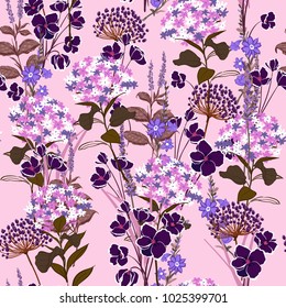 Trendy  garden Floral pattern in the many kind of flowers. Botanical random. Seamless vector texture. For fashion prints. Printing with in hand drawn style on pink background.