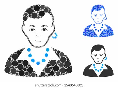 Trendy gay composition of round dots in various sizes and color hues, based on trendy gay icon. Vector dots are organized into blue composition. Dotted trendy gay icon in usual and blue versions.