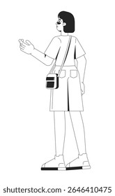 Trendy gen z asian girl with crossbody bag facing away 2D line character. Stylish millennial woman standing in summer clothing isolated vector ink outline person. Monochromatic spot illustration