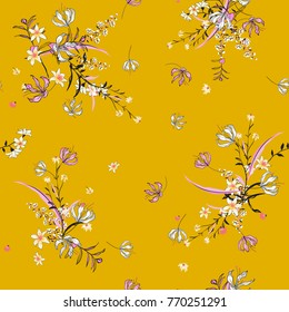 Trendy  gentle Floral pattern in the many kind of flowers. botanical  Motifs scattered random. Seamless vector texture for fashion prints. Printing with in hand drawn style svivid yellow background.