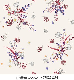 Trendy  gentle Floral pattern in the many kind of flowers. botanical  Motifs scattered random. Seamless vector texture for fashion prints. Printing with in hand drawn style soft pink background.