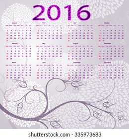 Trendy gentle violet floral frame with balls and calendar for 2016, vector eps 10