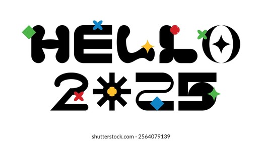 Trendy geometric 2025 Happy New Year typography element. Cool background. Playful abstract shape sticker. Brutalism aesthetic modern font type. Retro style design. Colorful flat vector illustration.