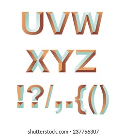 Trendy geometric 3D alphabet. Vector font, letters K-T. Blue enamel and copper 