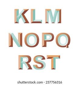 Trendy geometric 3D alphabet. Vector font, letters K-T. Blue enamel and copper 